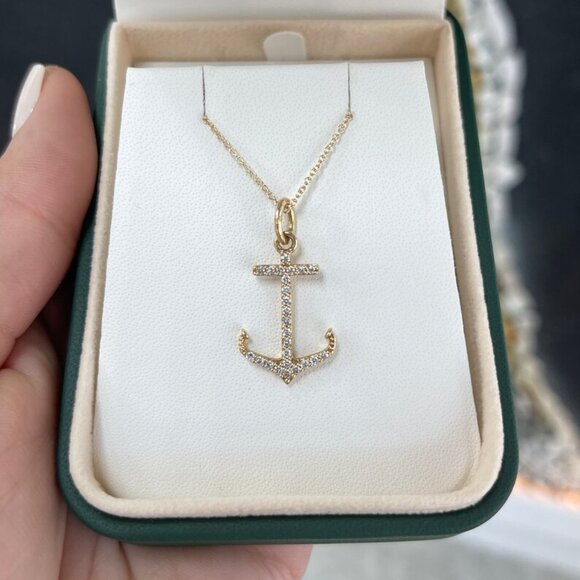 0.45tcw 14K Diamond Anchor Pendant Necklace, Pave Gold Anchor Necklace - Picture 2 of 7